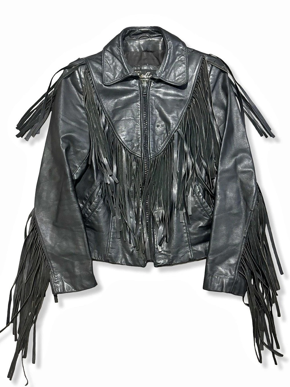 Vintage 80s Leather Craft Fashions Black Leather Fringe Biker Jacket